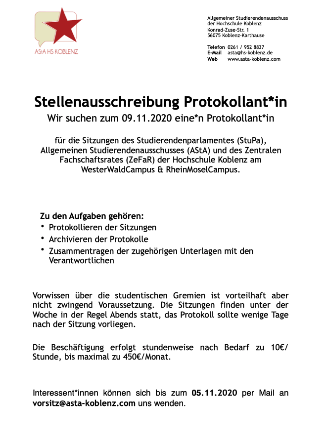 Ausschreibung Protokollant*in 10.20