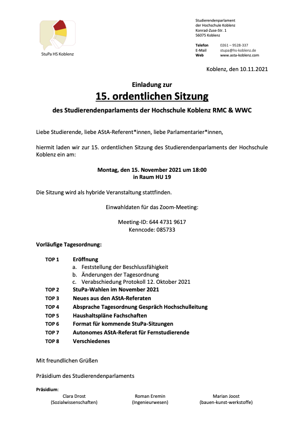 Einladung 15. Sitzung StuPa